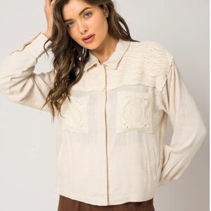 Gilli Linen Blend Crochet Long Sleeve Shirt Jacket Cream Small